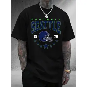Mens Football T-Shirt Seattle Football Design 1976 Helmet Graphic | Comfortable Round Neck, 100%, Soft and Breathable, Casual Wear, Perfect Gift for Sports Lovers, Digital Heat Transfer, All-season