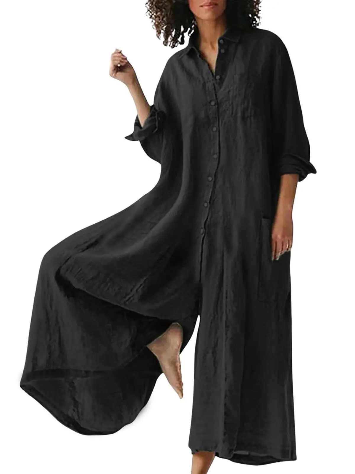Women's Linen Blend Button-Down Long Sleeve Wide Leg Jumpsuit, Casual Loose Palazzo One-Piece for Beach & Vacation