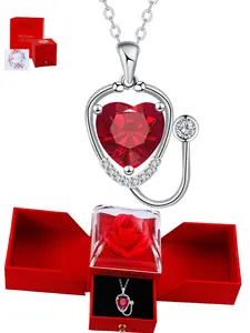 Doctor Stethoscope Pendant Necklace, Unique Ruby Stethoscope Necklace & Rose Gift Box, Holiday Christmas Gift for Wife Mom Girlfriend