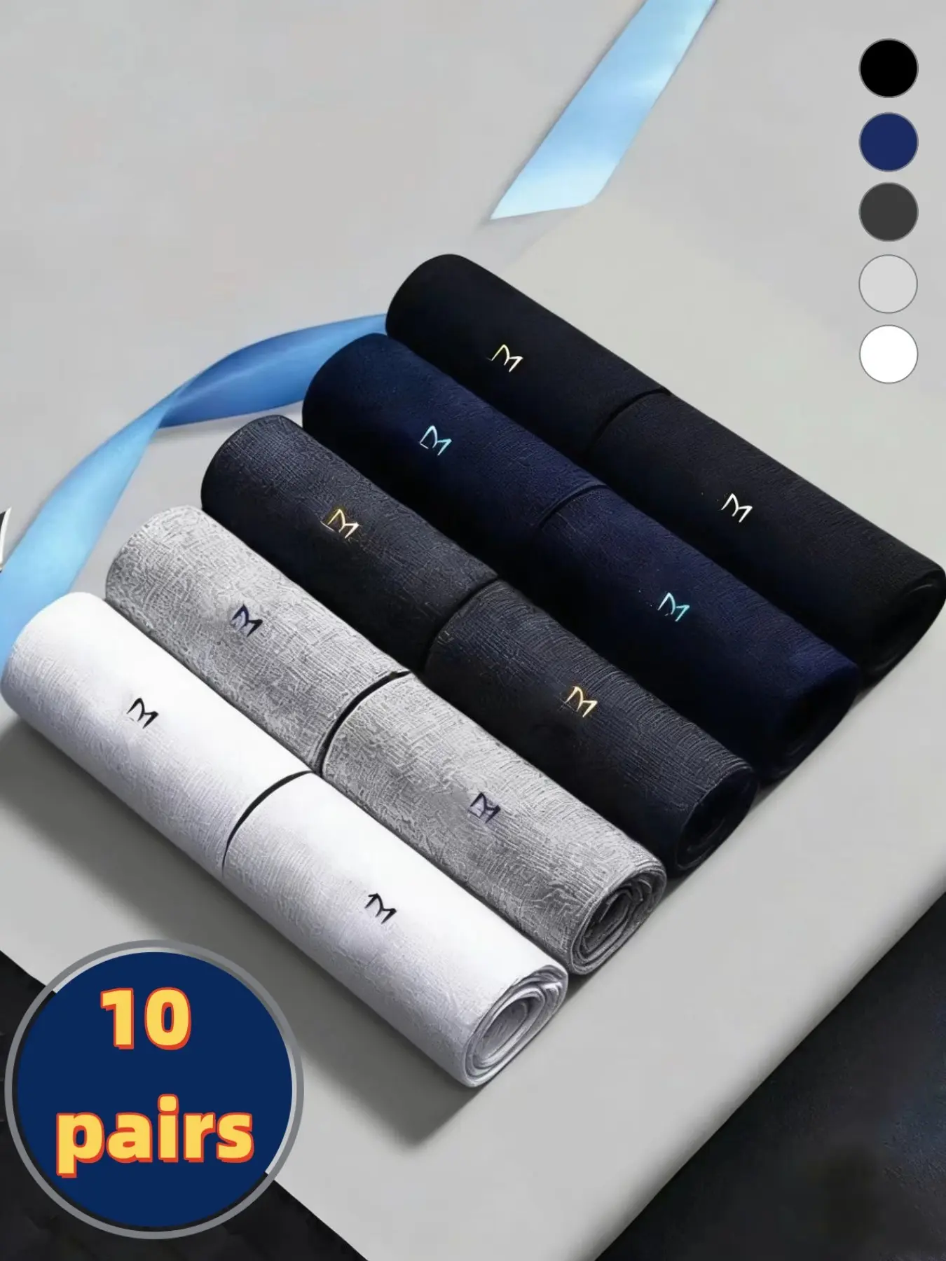 10 Pairs Men's Breathable Business Casual Work Socks Bulk, Mid-Calf Socks, Multi-Color Bag Set, Plain Pattern, Daily Wear