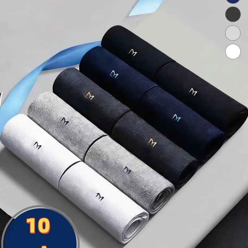 10 Pairs Men's Breathable Business Casual Work, Multi-Color Bag Set, Plain Pattern, Daily Wear Sock Sets