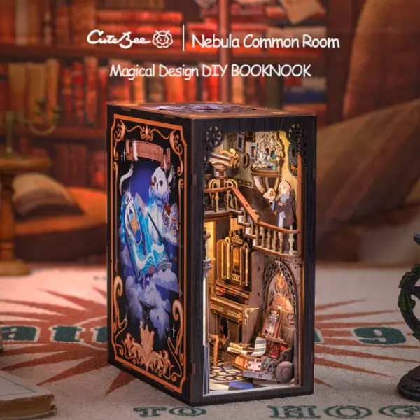 CUTEBEE DIY 3D Book Nook Kit Nebula Common Room – Miniature Sci-Fi Dollhouse, Handmade Tiny House Bookshelf Insert with Bookends and LED Light | Holiday, Christmas and Black Friday Gift