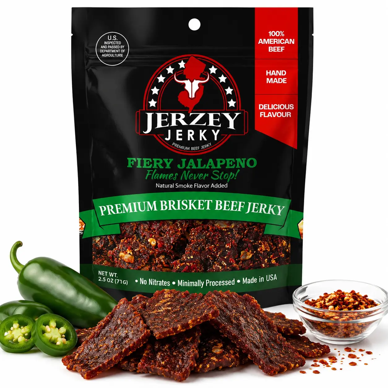 Fiery Jalapeno Brisket Beef Jerky 2.5oz, High Protein Spicy Meat Snack, Made in USA Pure Jalapeño Beef Jerky Fed Grass Beef Brisket
