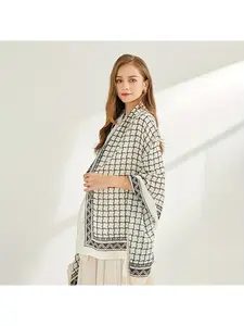 Cotton and linen printed simple checkered long scarf, British-style air-conditioning rectangular shawl, geometric square headscarf