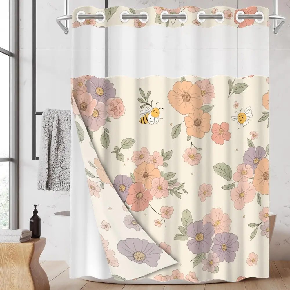 1pc hookless shower curtain with buckle lining, spring pink and purple floral bee design 2D flat print, fabric waterproof lining, see-through double shower curtain, 71 x 74 inches, modern home curtain, Bathroom Decorations