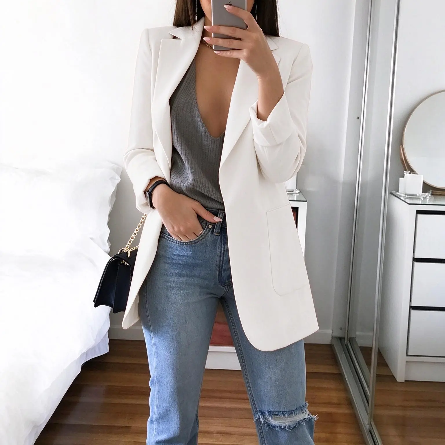 Women's Oversized Open Front Long Blazer, Notched Lapel Long Sleeve Casual Office Jacket with Pockets