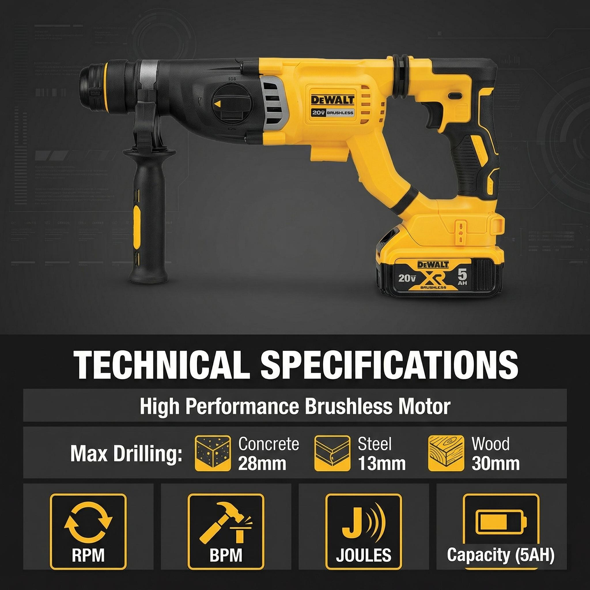 DEWALT DCH263 20V MAX XR Brushless 1-1/8-Inch SDS-Plus Rotary Hammer Drill Featuring SHOCKS Active Vibration Control 3-Mode Functionality for Concrete Masonry Steel and Wood Projects with 3.0-Joule Impact Energy and LED Work Light