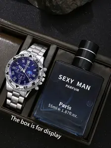 Men's Luxury Fashion Quartz High End Watch Set, Stylish Watch, Elegant Large Dial Design, Long-Lasting Fragrance Perfume Included, Perfect Gift for Him,Valentine's Day For Boyfriend