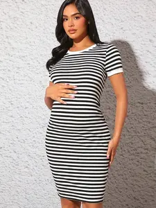 Maternity Bodycon Dress - Striped Print Dress for Pregnant Women