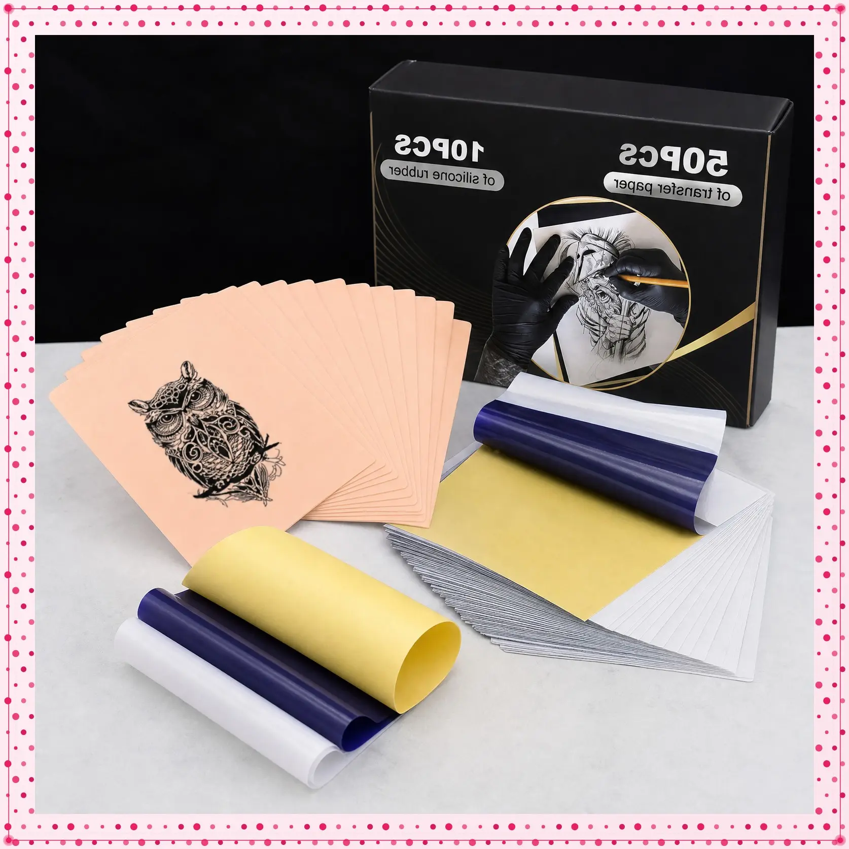 10 Pcs Tattoo Practice Skin and 50 Pcs Tattoo Transfer Paper,Tattoo Practice Skin with Transfer Tattoo Fake Skin and Stencil Paper Kit,for Beginners Experienced Artists Cosmetic