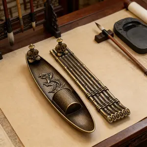 Imitation Copper Fisherman Fishing Bamboo Mat Incense Stick Holder, Home Indoor Sandalwood Agarwood Burner, Classical Incense Display Piece, Scented