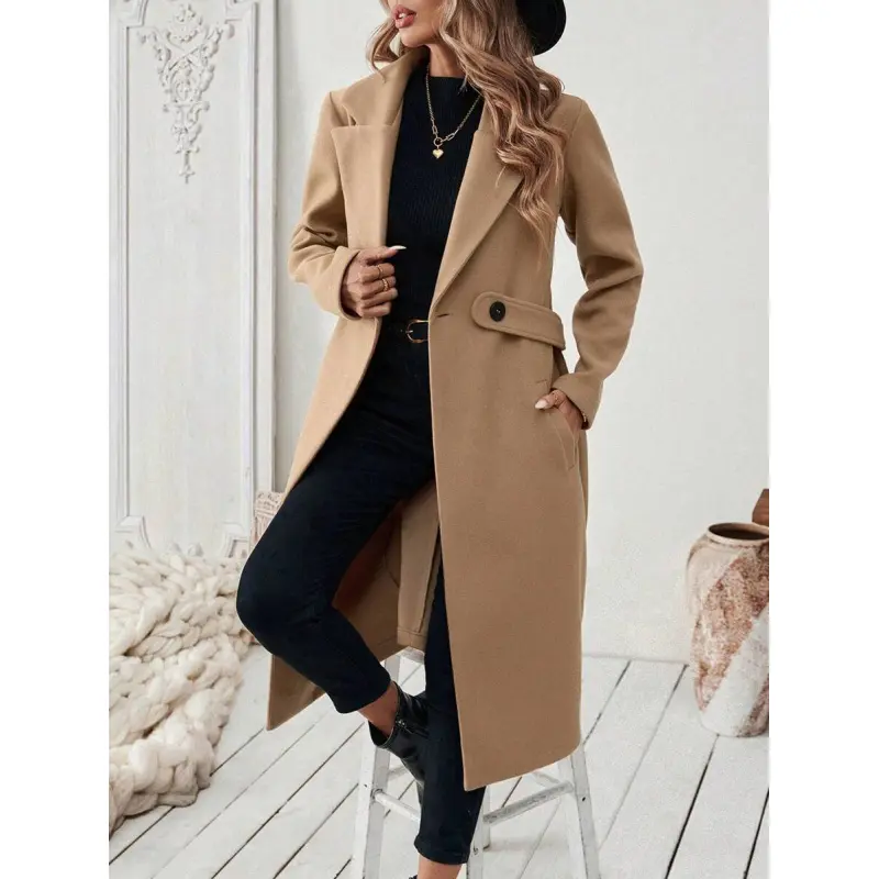 Halloween Women's Notched Collar Camel Overcoat With Belt Long Coat Fall Coat