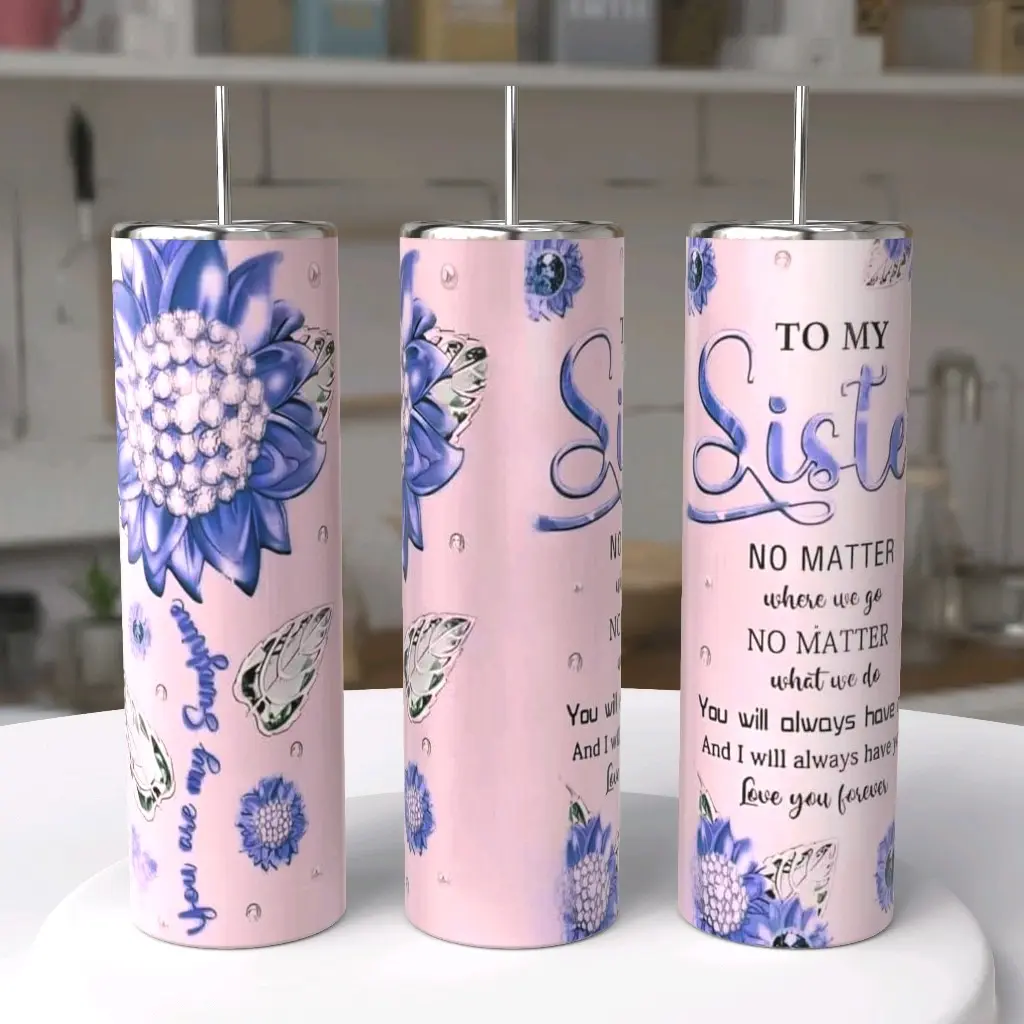 20oz Stainless Steel Insulated Tumbler Water Bottle - Reusable Drinkware Flask with Insulated Lid, Washable Straw, Sister-Themed Design, Water Bottles, Bottles