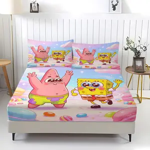 Cute SpongeBob SquarePants Printed Pattern Bed Sheet, Comfortable Printed Pattern, Includes 1 Bed Sheet and 2 Pillowcases, Comfortable Bedding, Non slip Dust Cover Suitable for Bedroom and Guest Room, Suitable for Children or Adult Gifts