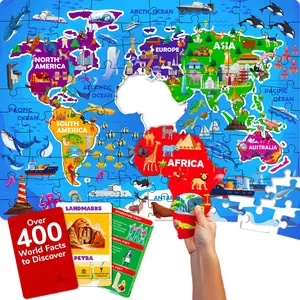 QUOKKA World-Themed Kids' Toy Set - 70-Piece Interlocking Puzzle Game, 50 Double-Sided Flashcards, Shape Recognition, STEM Montessori, Travel Map Puzzle