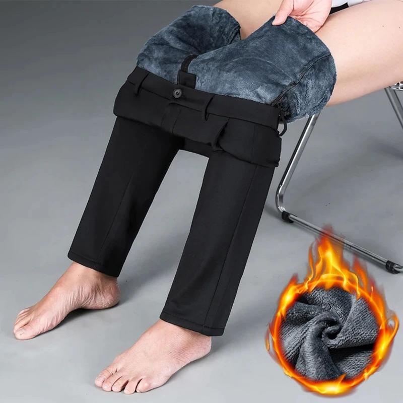 Static Cuff Flannel Thick Men's Casual Pants Winter New Fleece Business Stretch Warm Plush Trousers Brand Slim Straight Male Pants