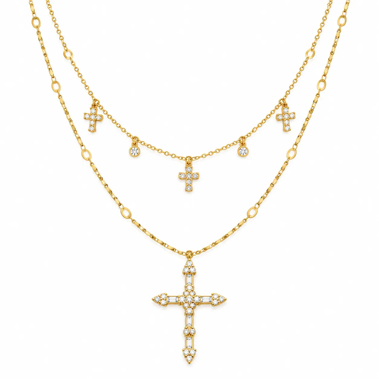 Women's Gold-Plated Stainless Steel Layered Cross Necklace Set, Pavé Crystal Cubic Zirconia Charm Pendant, Double Stackable Chain Costume Jewelry Gift