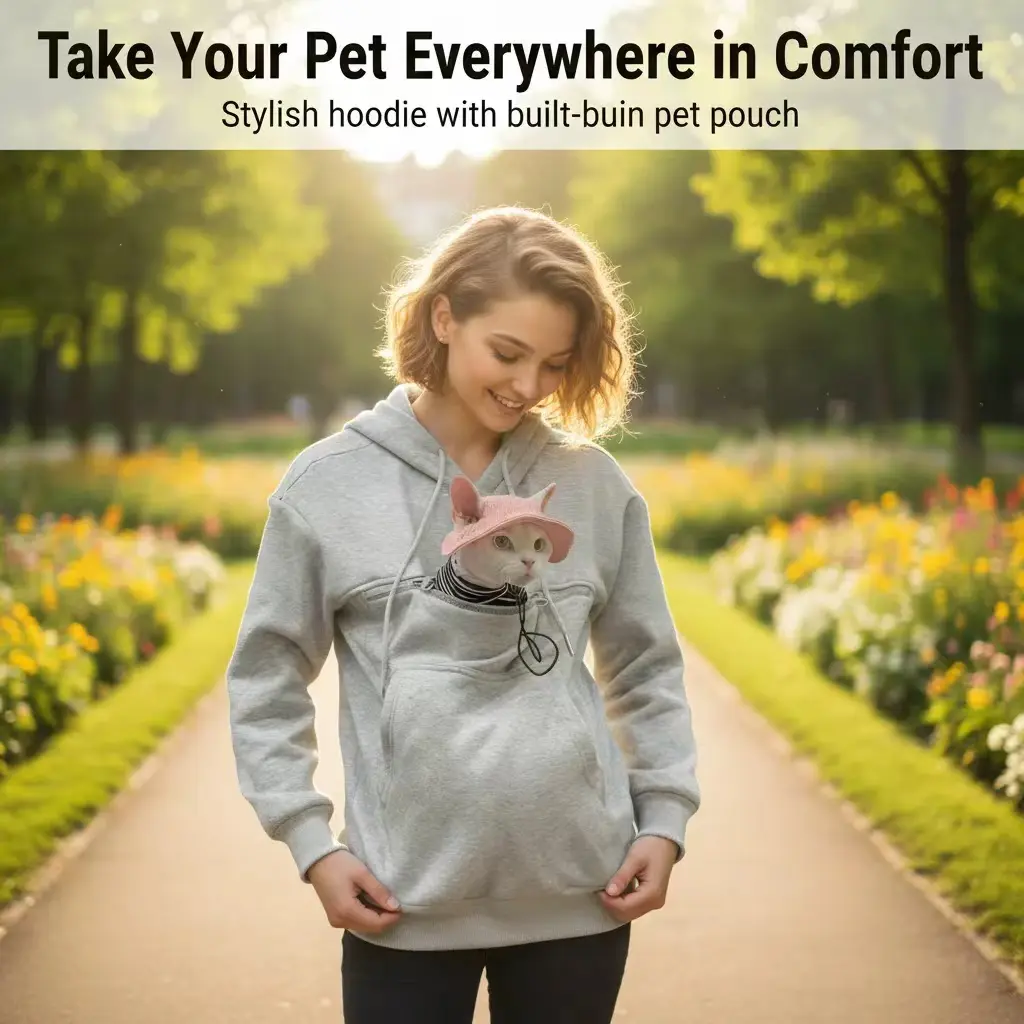 Outdoor Kitchen Pet Carrier Pullover - Unisex Oversized Longsleeves Sweatshirt with Durable Giant Kangaroo Pocket for Cats & Small Dogs, Soft Stretchy Fabric for Hiking, Travel