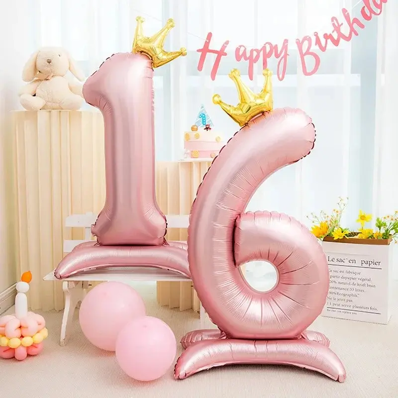 5pcs Style 42 Inch Standing Design Pearl Finish Number Balloons, Crown Detail Girl Children Birthday Party Scene Decoration, Foil Balloons, Party Balloons Decorations