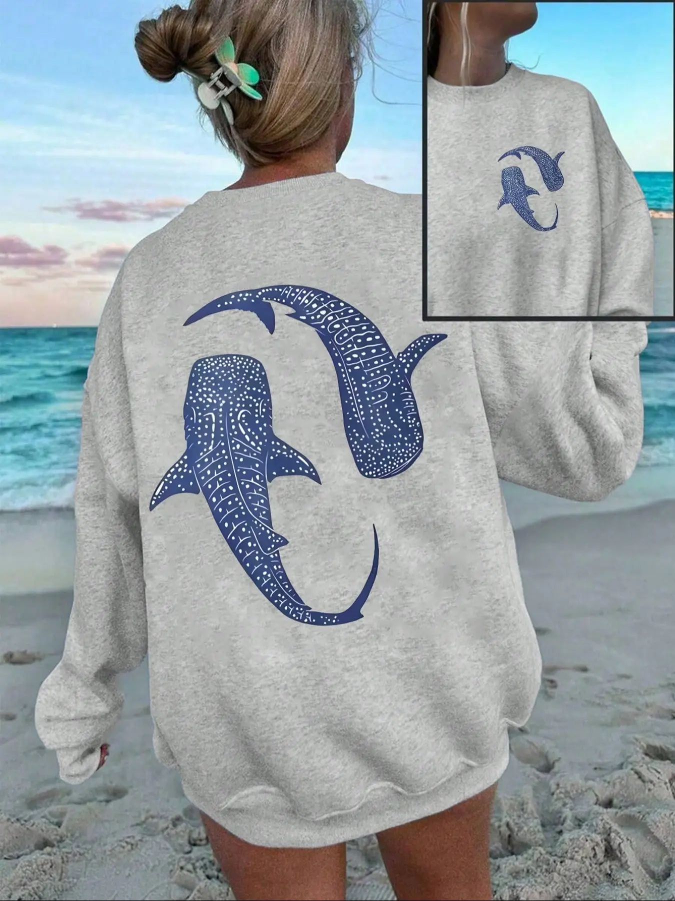 Women's Casual Fitted Long Sleeve Pullover Sweater, Fall & Winter Fashion, Shark Print Design, Thick Knit Fabric, Daily Wear Top