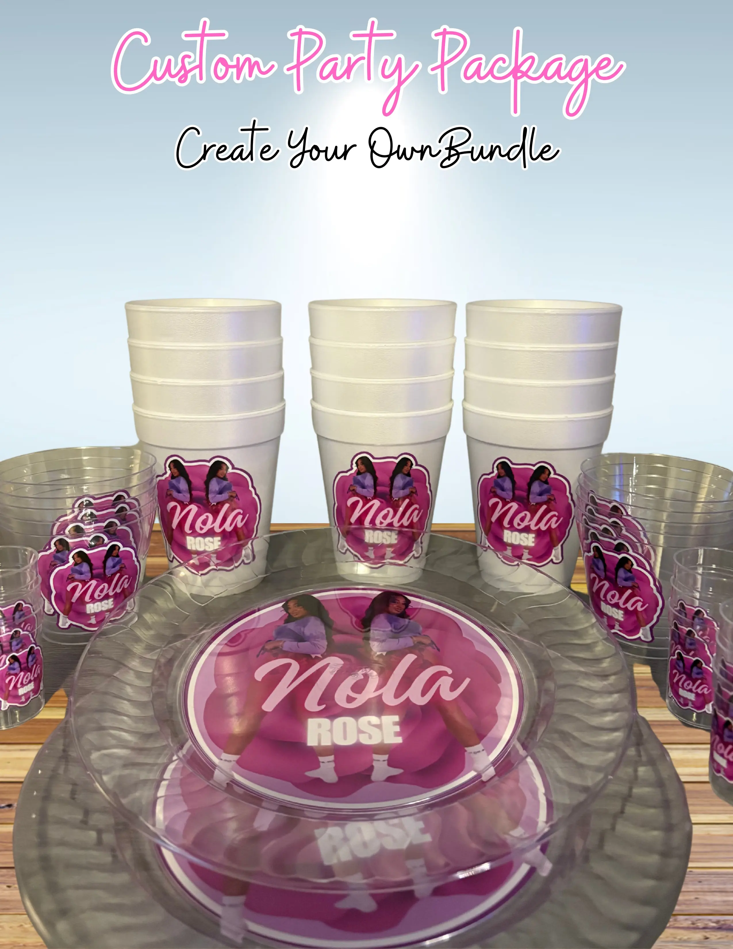Custom Party Supplies, Cups, Shot Glasses, Plates, Fans, Styrofoam Cups | Create Your Own Party Bundle