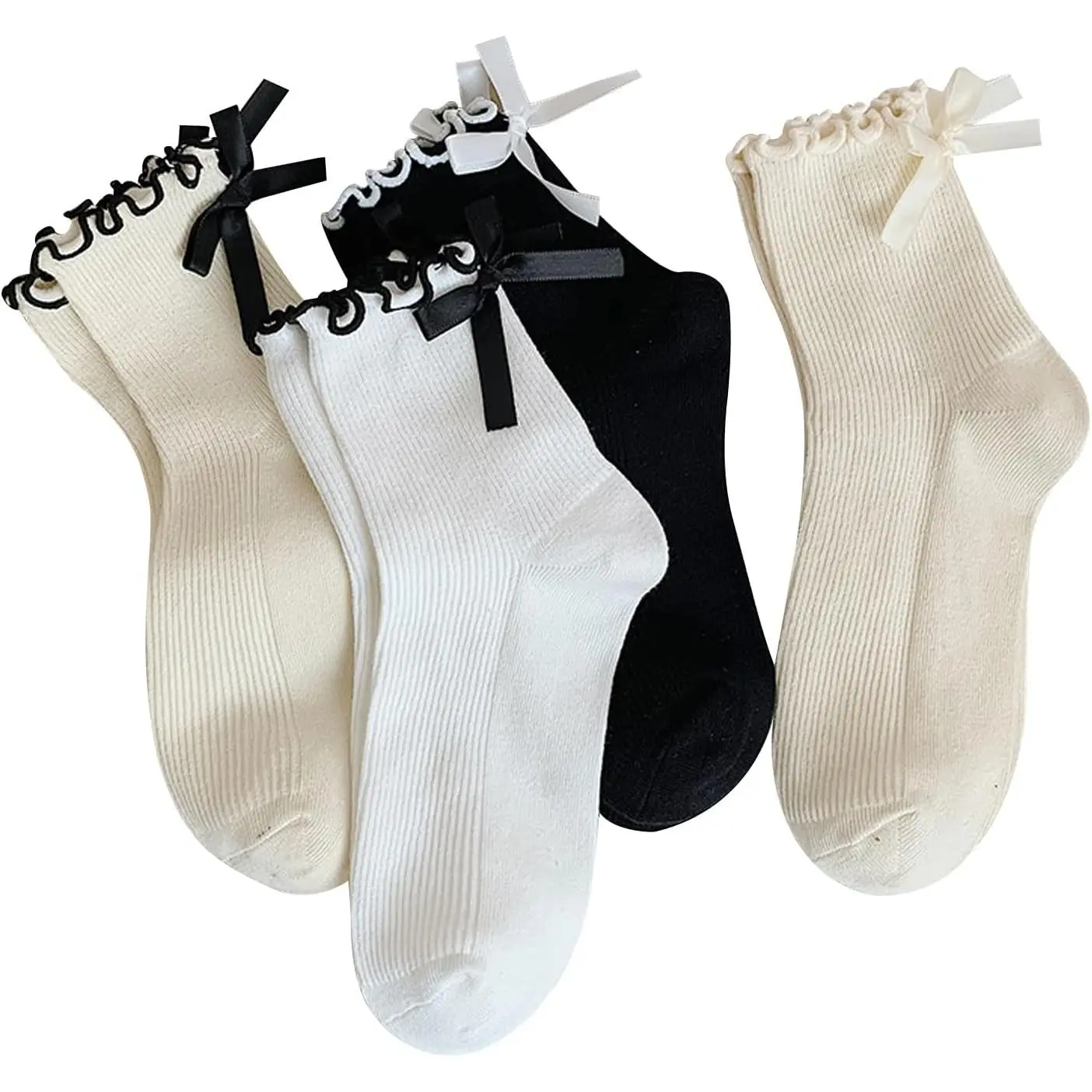Women's Cotton Crew Socks (4 Pairs) - Ruffled, Bow Details, Soft, Breathable, Snug Fit, One Size, Black & White, Sneaker-Boot Ready, All Seasons, Ideal for Casual Footwear
