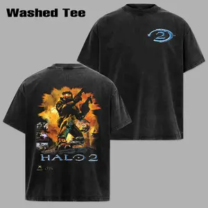 Retro HALO 2 Master 'HALO' Chief   Double Printed  Lightweight Acid Washed Tee Game Graphic T-Shirt for Men Casual Day Wear Cotton Fabric - Jeans Vintage Gaming Retro Black Tee  Heavyweight Cotton T-Shirts Love Menswear