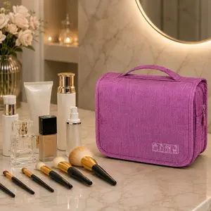 Women's Waterproof Mesh Hanging Toiletry Bag with Hook - Multifunctional, Portable Makeup & Toiletries Organizer (Purple)
