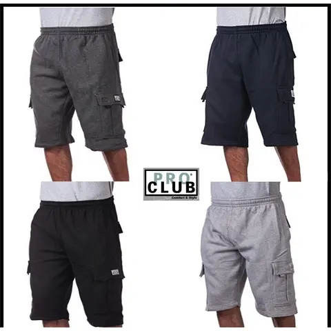Pro Club Men's Original Plain Cargo Sweat Shorts - 6 Pockets, Fleece Cotton-Polyester Fabric, Elastic Relaxed Fit, Cold Wash, Do Not Dry Clean, Beige Utility, Halloween Style, S, 2X