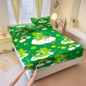 3Pcs Little Bear Fitted Sheet Set, Whimsical Green Bears and Shamrocks Print Bedding, Adorable Clouds, Pink Pot of Gold, Cozy and Playful Decor for Festive Bedroom Themes Includes 2 Pillowcases, No Pillow Core, Bedsheet Sets