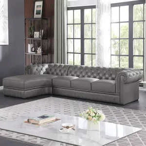 L Shape Genuine Leather Sectional Sofa, 5-Seater Chesterfield Couch with Button Tufted Design, Luxury Living Room Furniture Set for House/Office/Lounge