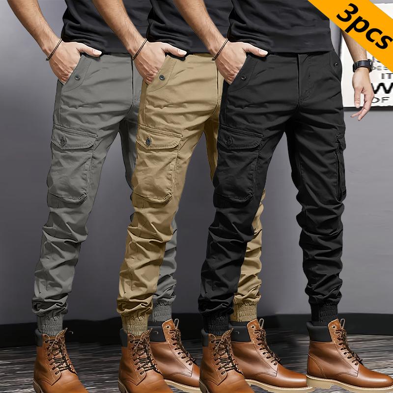3 Pack Men's Heavyweight Multi-Pocket Work Pants with Large Cargo Pockets, Drawstring Elastic Waist Tactical Workwear - Regular Fit All Season Soldier Style, Suitable for Halloween Parties & Everyday Wear/Hiking/Construction Work - Durable Non-Stretch Fab