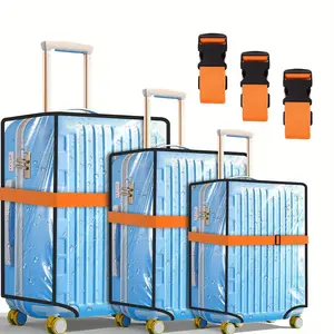 3 PCs Transparent Luggage Cover and 3 PCs Adjustable Baggage Carousel, Waterproof PVC Luggage Cover Suit 20 24 28 Inch, Orange, Black Edge