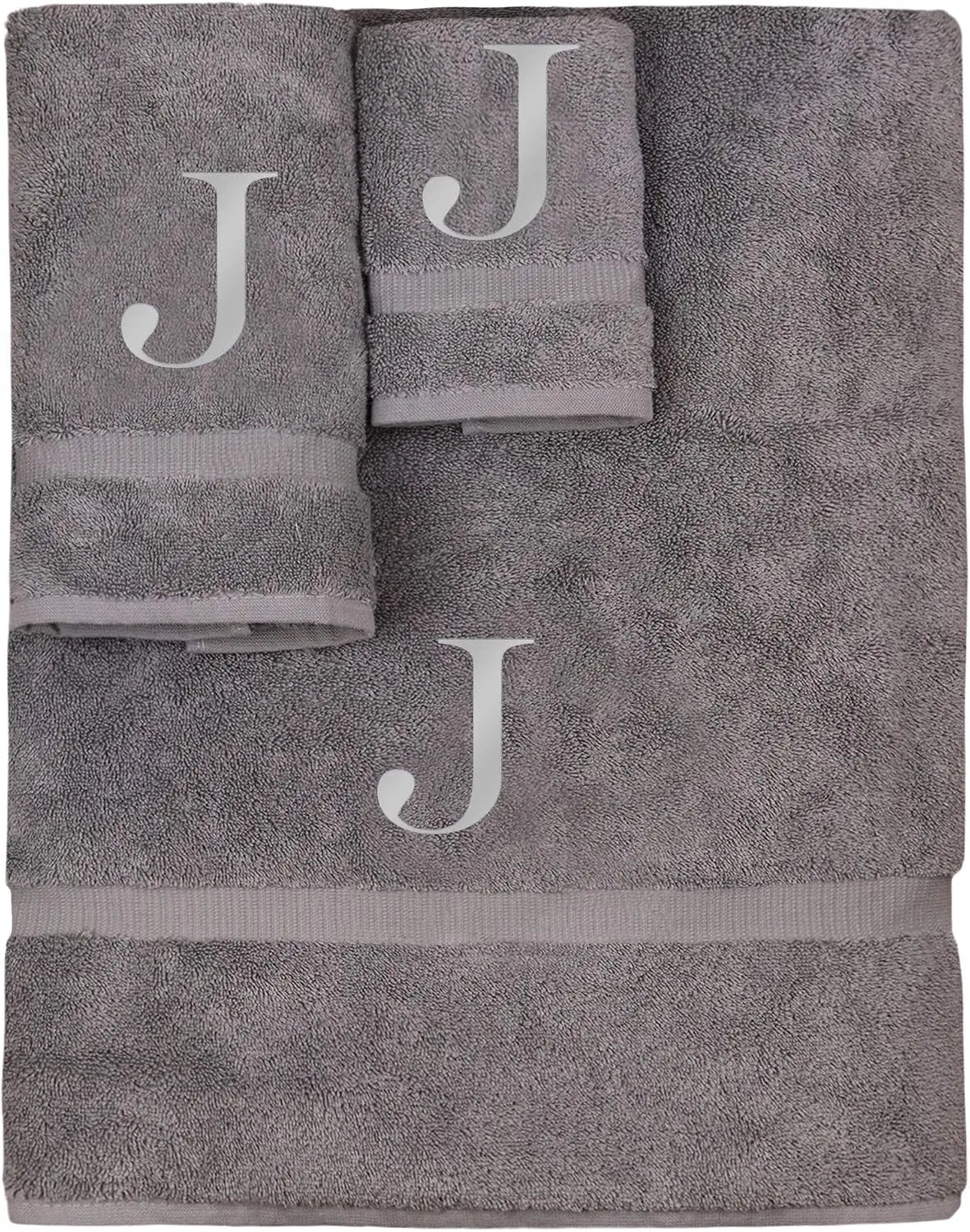 Monogrammed Towel Set, Personalized Gift, Set of 3- Silver Block Letter Embroidered Towel - Extra Absorbent 100% Turkish Cotton - Soft Terry Finish - Initial J Gray