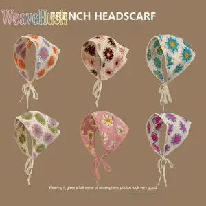 6-Piece French Pastoral Knitted Headscarf Set, Sweet Cute Floral Crochet Triangle Headband, Elegant High-End Boho Head Gear for Women, Soft Breathable Knit Hair Accessories, Stylish Versatile Triangle Scarf Perfect for Travel Daily Casual Outdoor Vacation