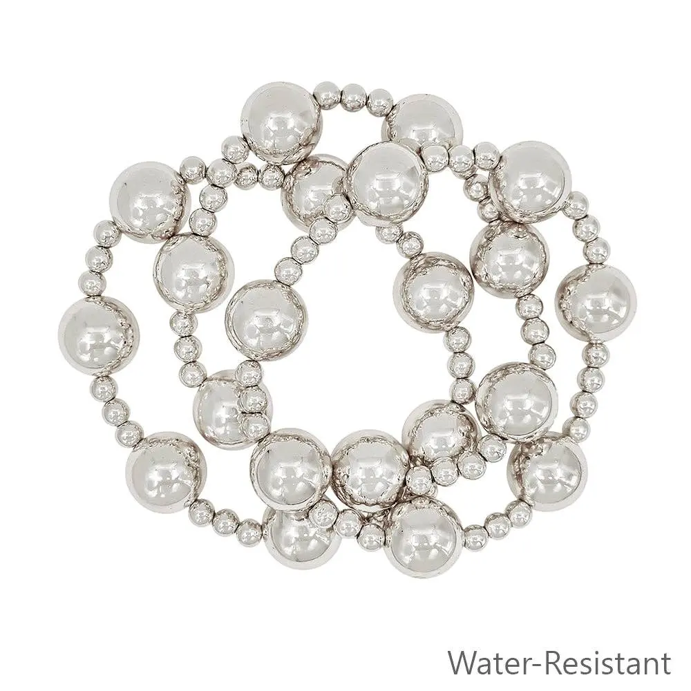 Set of 3 Silver 14MM Ball and 5MM Beaded Stretch Bracelets
