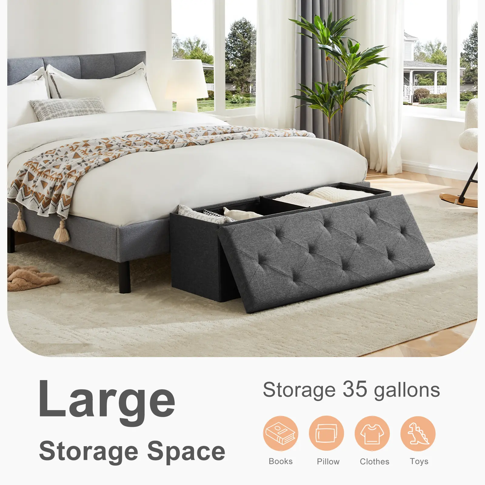 Gray 43inch Storage Ottoman - Thick Foam Seat, Foldable Footrest, Multipurpose Bench for Living Room/Bed, Easy Assembly