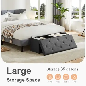 Gray 43inch Storage Ottoman - Thick Foam Seat, Foldable Footrest, Multipurpose Bench for Living Room/Bed, Easy Assembly