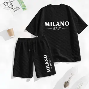 Men's 2-Piece Spring-Summer Milan Letter Print Checkered Fabric Set - Short-Sleeved Shirt & Drawstring Shorts, Casual Outfit for Everyday Wear & Sports Activities