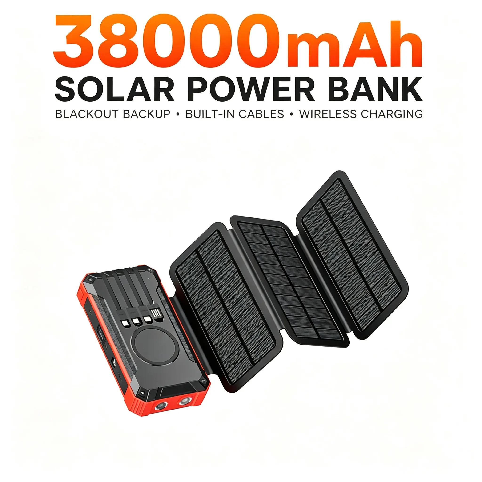 38000mAh portable charger with 4 built‑in charging cables. This travel essentials magsafe charger comes with emergency flashlight and solar‑powered charging panel. Built with shock‑resistant construction for extra drop‑proof durability.Durable, Magnetic