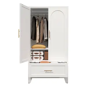 60" Tall Metal Wardrobe Cabinet with 1 Drawer and Hanging Rod, 2 Doors Wardrobe Closet with Shelf for Bedroom, Office, Laundry Room,Entryway ,Foyer,Guesthouse (White