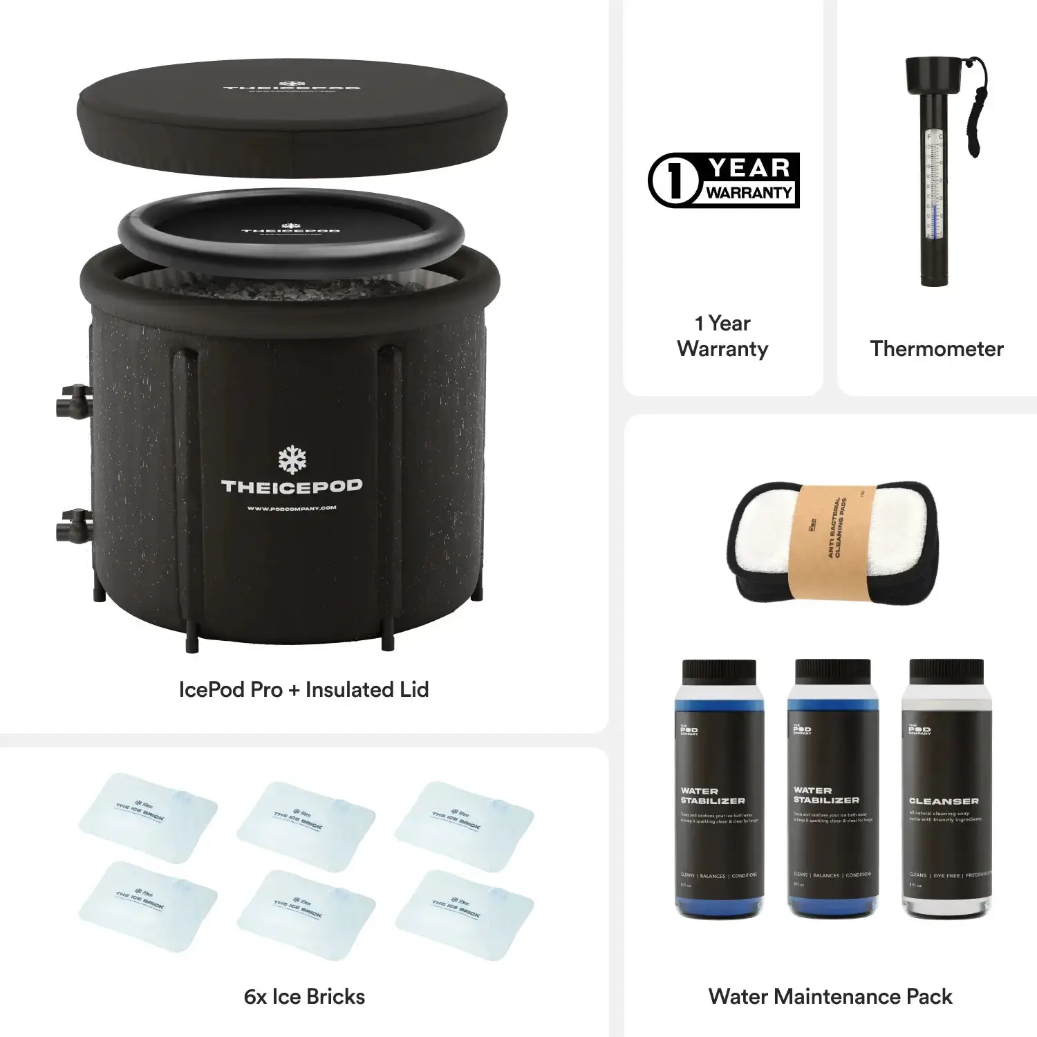 Essentials IcePod Bundle - Insulated Lid, Thermometer, 6 Ice Bricks, Water Maintenance Pack