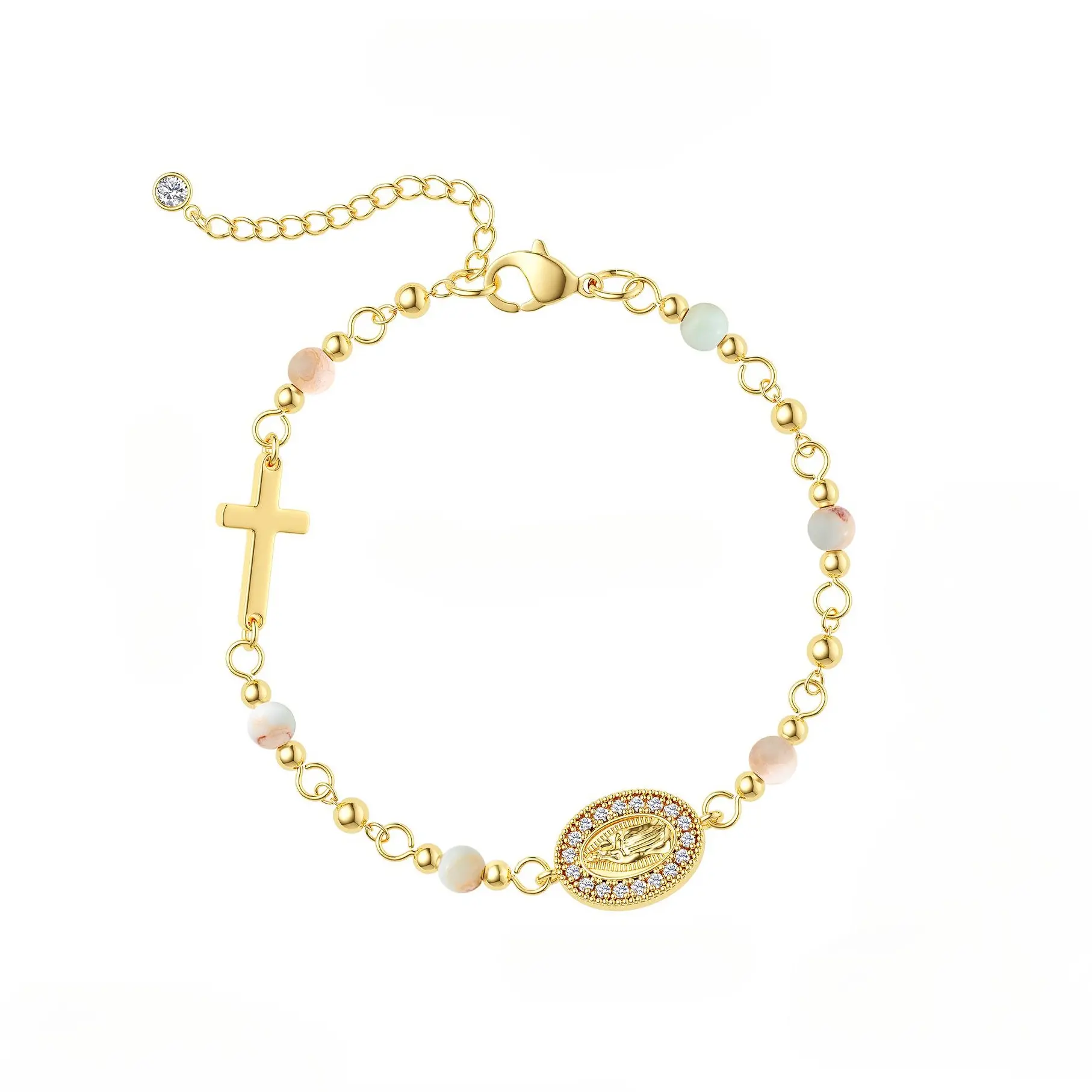 TEWIKY Charm Bracelet, Natural White Turquoise & Pink Zebra Jasper Beads, Gold-Plated Virgin Mary Coin, Unisex Hypoallergenic Stretch Fit Jewelry, High Quality Bracelet, Exquisite Bracelet LB