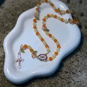 Orange and Yellow Beaded Rosary with Roses and Leaves