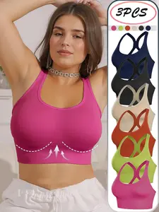3PCS Women's Crossfit Sportswear Solid Color Adjustable Hook-and-Eye Push-Up Bra Soft and Breathable Non-Removable Molded Cup Bra Workout Wear, Yoga Workout Wear, Cycling Workout Bra Everyday Workout Wear, Halloween Christmas Gift for Women