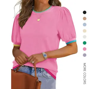 Women's Fitted Puff Short-Sleeve Basic Sweater Top - Summer Trendy Crew Neck, Casual Chic Minimalist Blouse