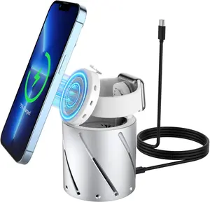 2-in-1 Magnetic Wireless Charger Stand for iPhone 14-12/AirPods - Foldable Fast Charging Dock with Magsafe, Portable for Travel & Office