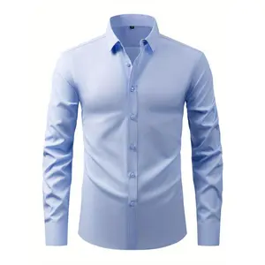 Men Buttons Business Shirts Casual Solid Color Basic Long Sleeve Tops Spring Clothes for Beach Vacation Streetwear  Cotton White long sleeve solid button front wood muscle dress shirt quarter zip Men's Short Snap  Collar Menswear Spandex St anime graphic
