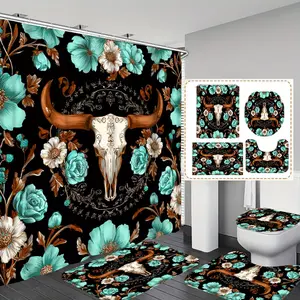 Floral Cow Skull Print Shower Curtain Set, Includes Non-Slip Bath Mat & U-Shaped Rug, Home Bathroom Decor, Complete Bathroom Accessories Kit, Bathroom Decoration Accessories