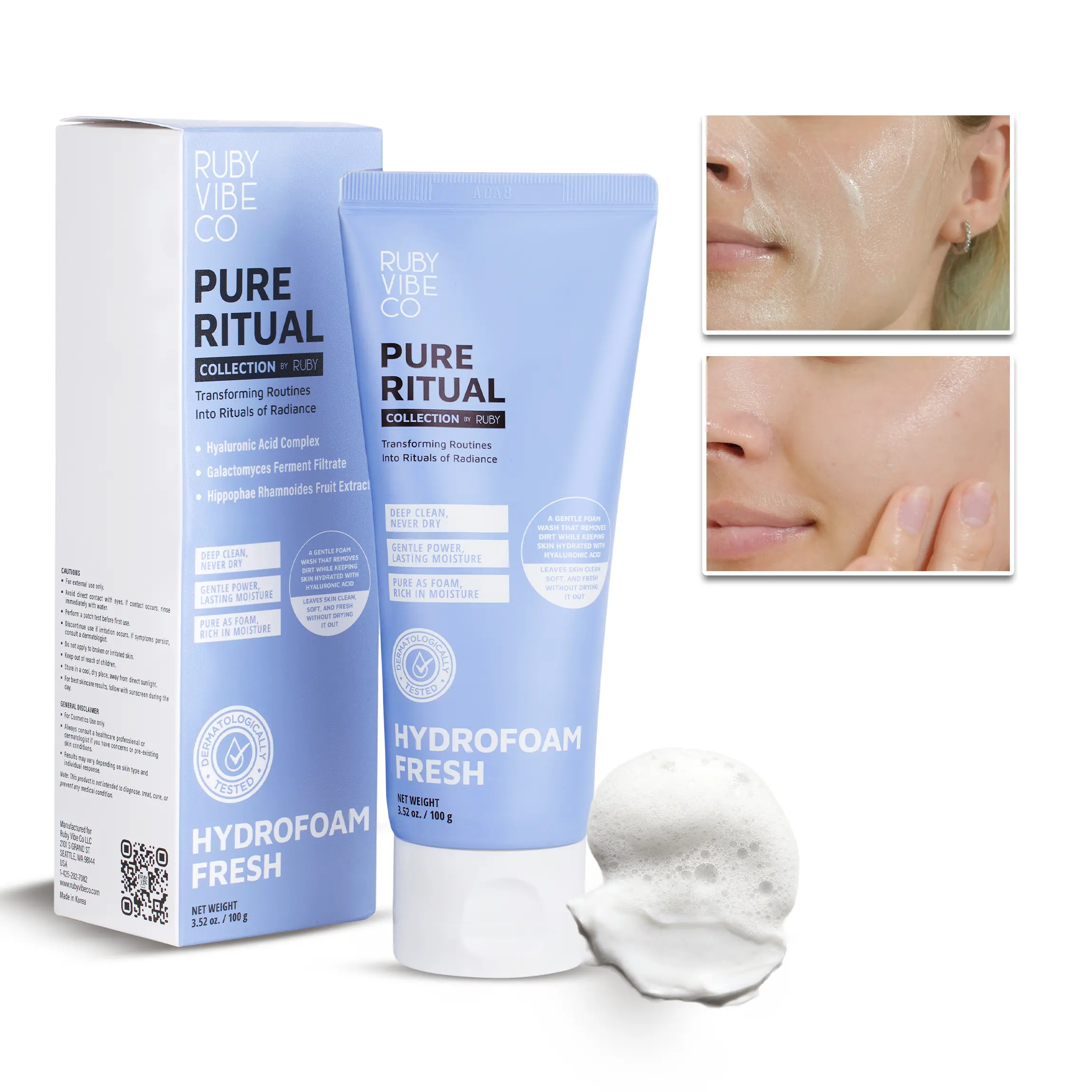 RUBY VIBE CO HydroFoam Fresh Gentle Foaming Cleanser, Hydrating Foaming Facial Cleanser with Hyaluronic Acid Complex & Galactomyces, Daily Face Wash for Women and Men, 100 g